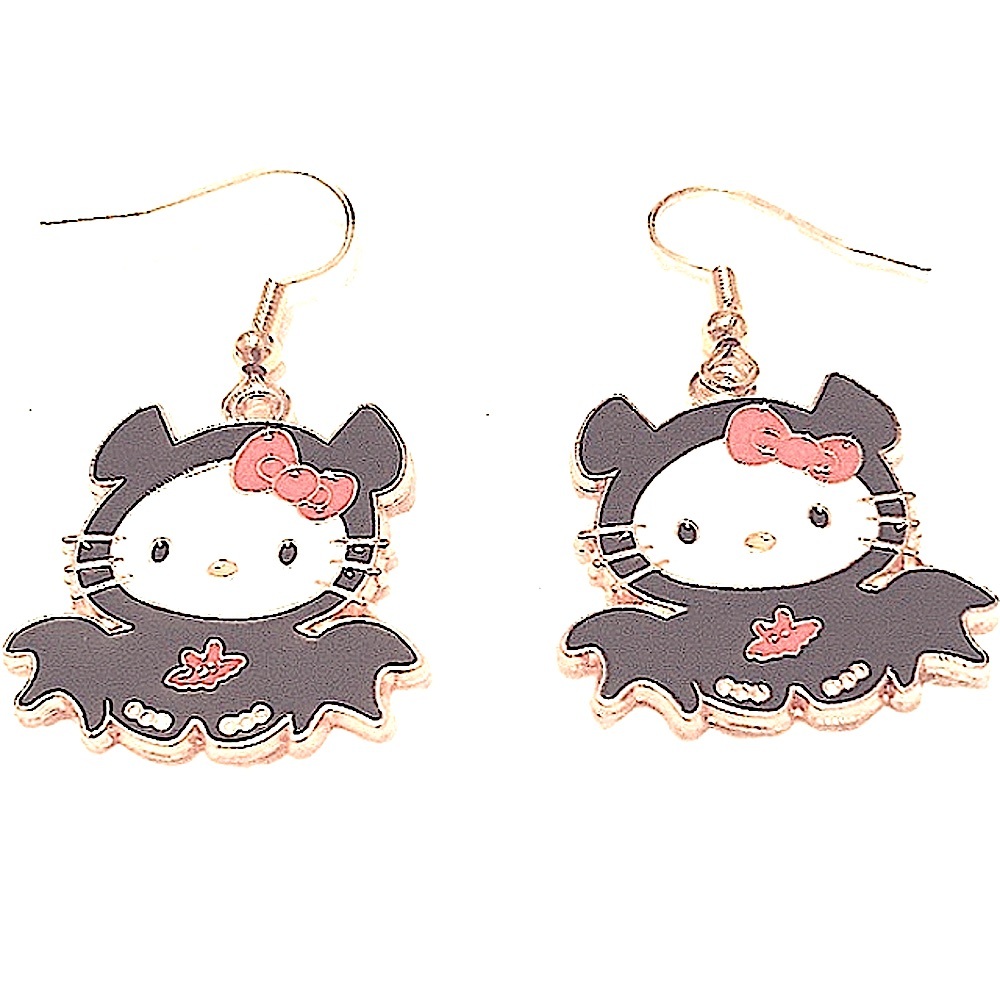 NEW Hello Kitty Bat Dangle Earrings Gold Enamel Stainless Jewelry NWT Handmade